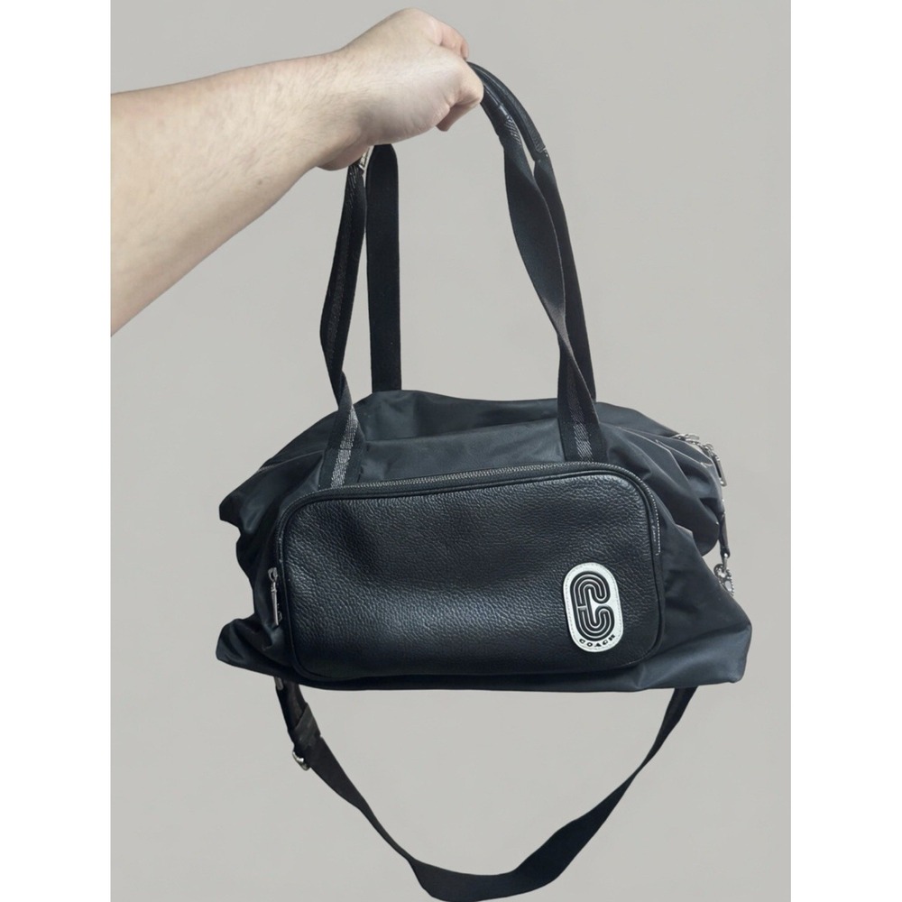 COACH Black Leather & Nylon Court Weekender Duffle Travel Bag #C4096